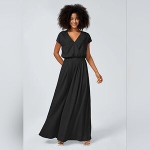 Halara V Neck Short Sleeve Plicated Side Pocket Wide Leg Jumpsuit Size-L